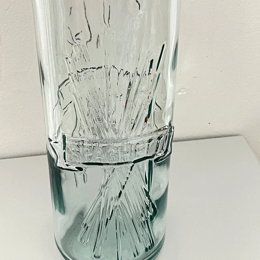 Vintage Glass Spaghetti Canister Made in Italy Clear Blue Tint Cork Lid 12.5